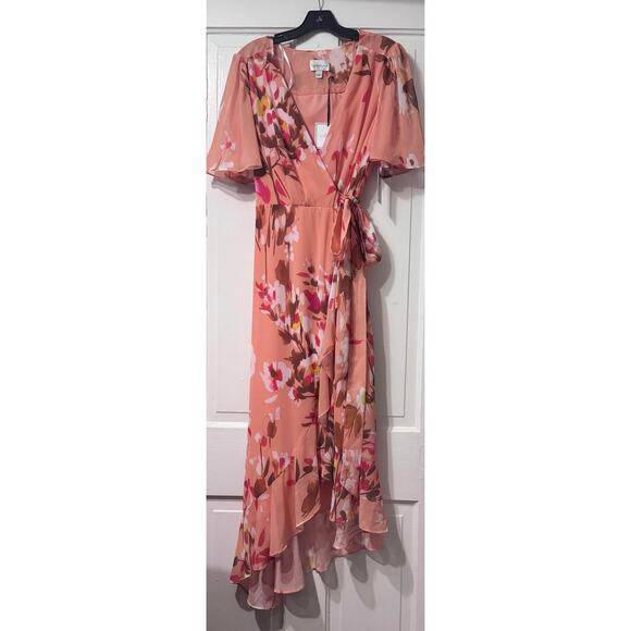 NWT Premier Amour Peach Floral Asymmetrical Midi Dress Size 4 - Picture 2 of 11